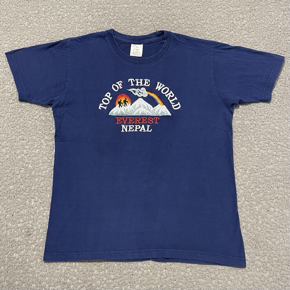 Mount Everest Shirt Adult 40 L* Blue Top of the World Nepal Embroidered Tee
